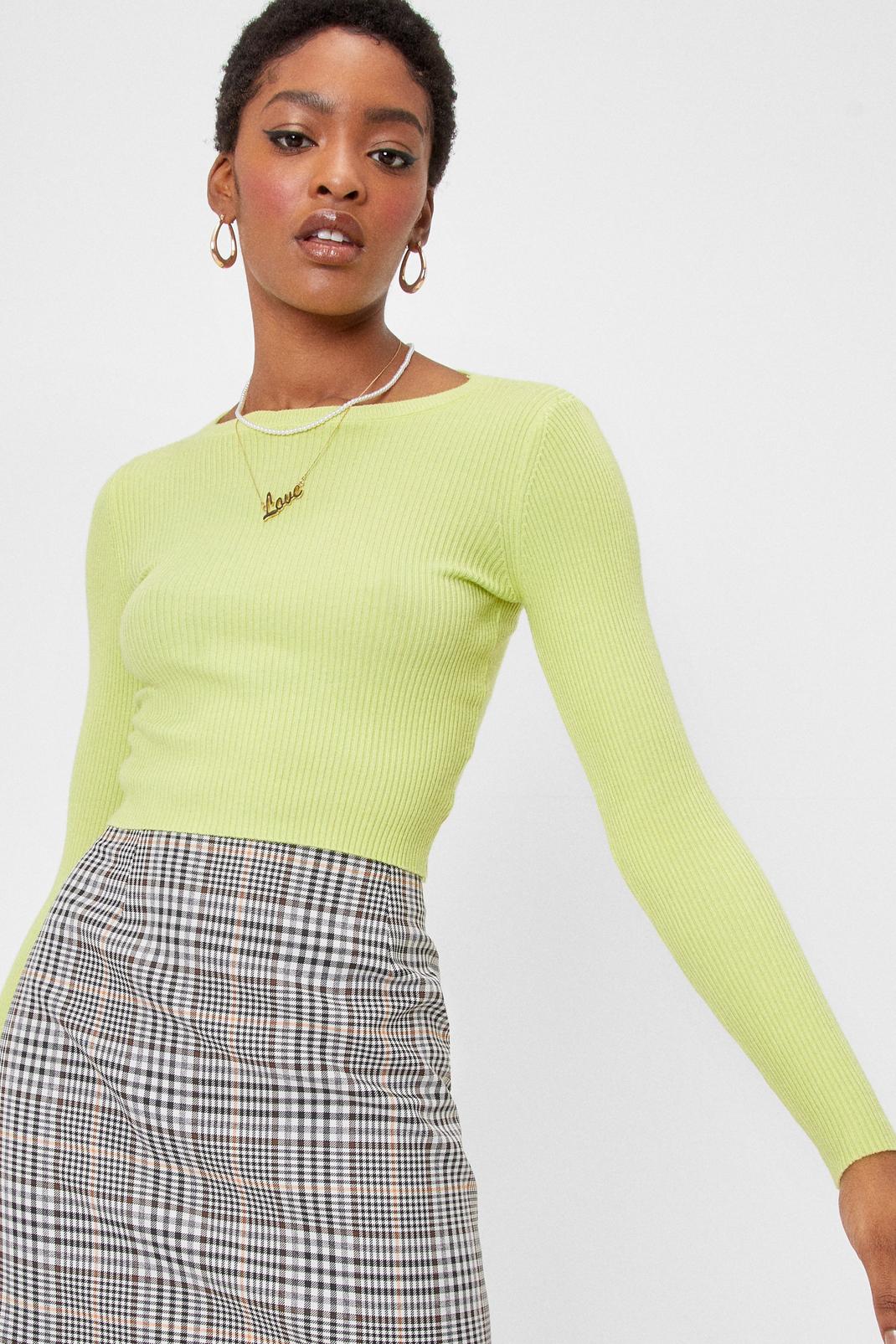 Green Cropped Ribbed Knit Crew Neck Jumper image number 1