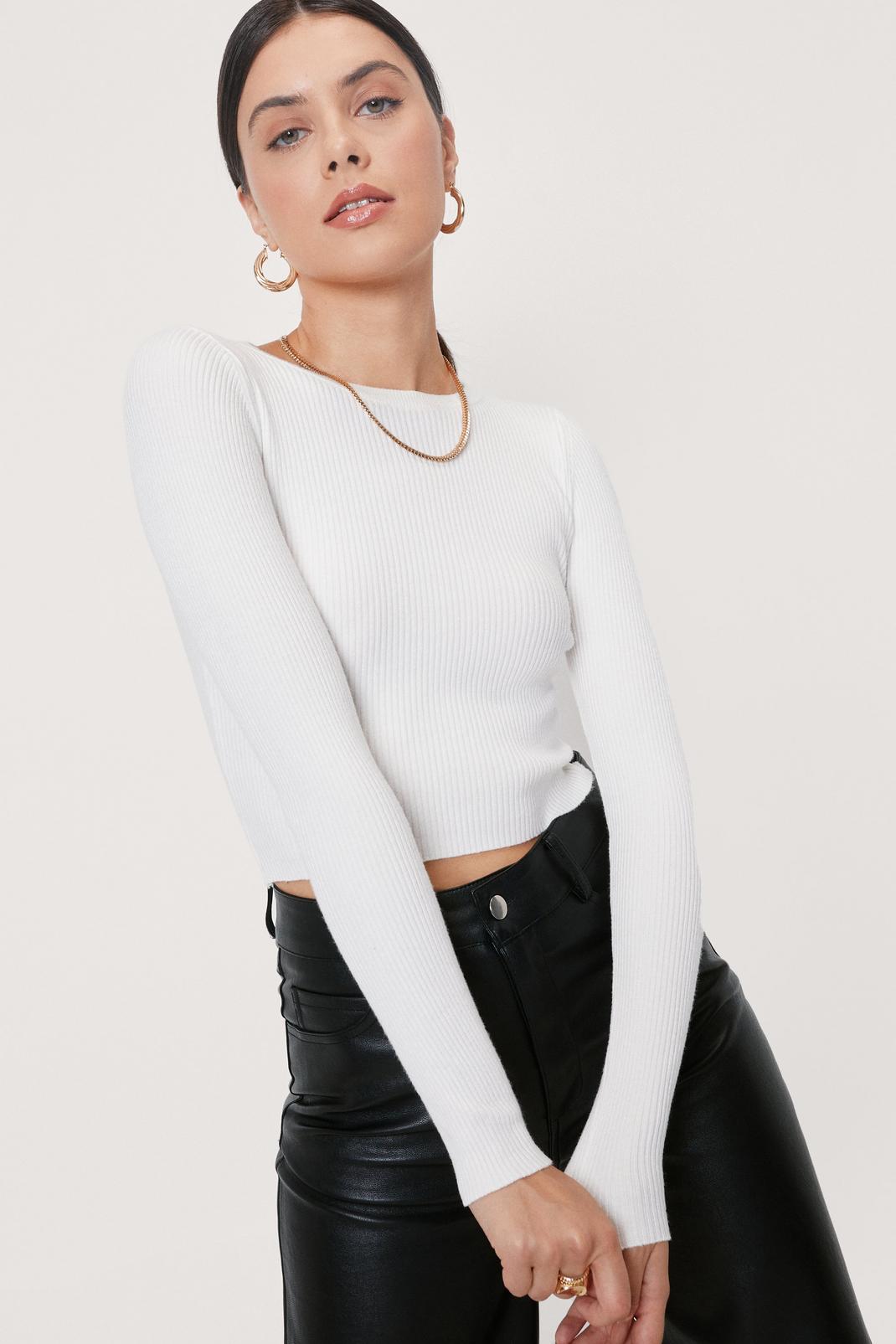 White Cropped Ribbed Knit Crew Neck Jumper image number 1