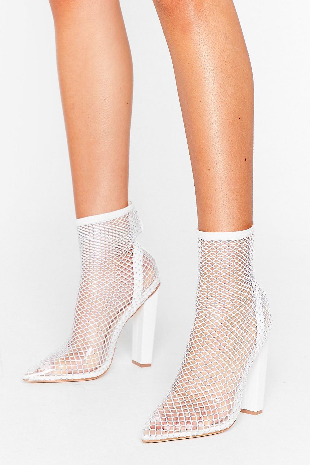 White Diamante Heeled Ankle Sock Boots image number 1