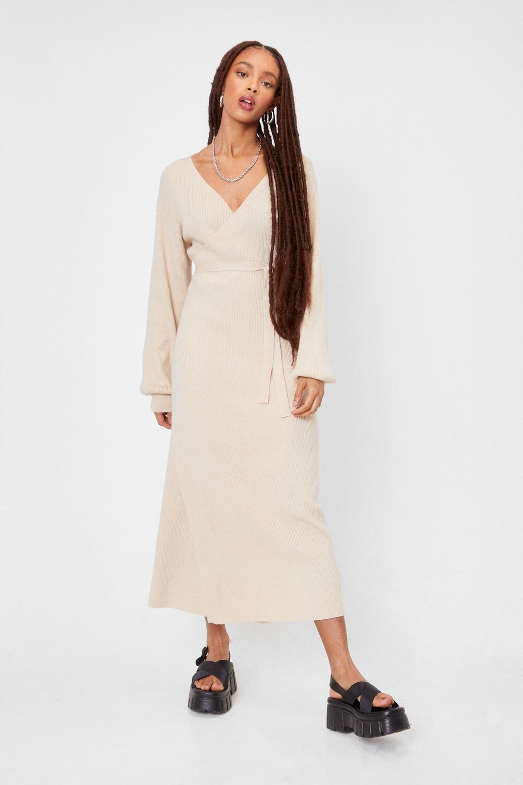 Light stone Knitted Balloon Sleeve Belted Midi Dress image number 1