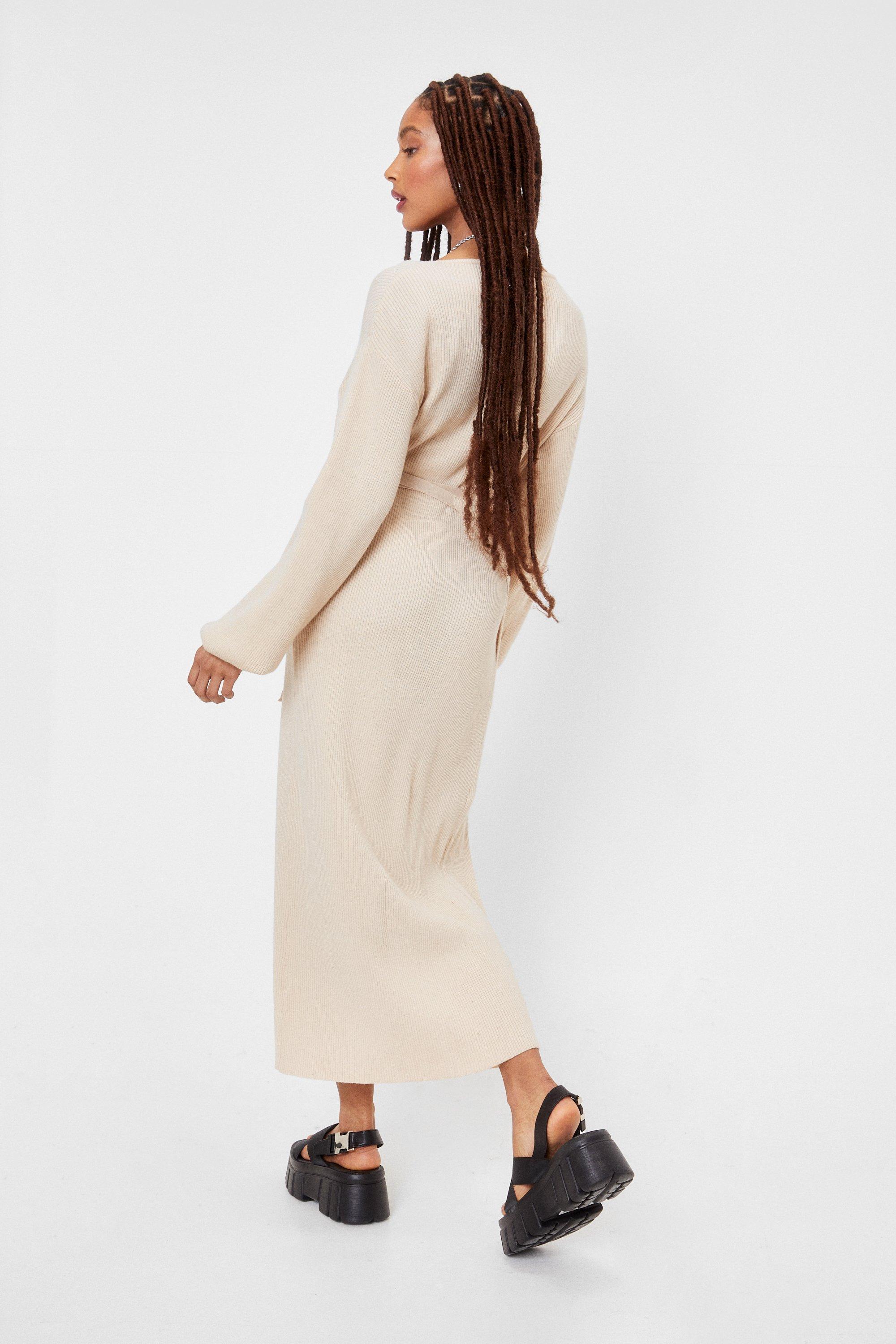 Knitted Balloon Sleeve Belted Midi Dress