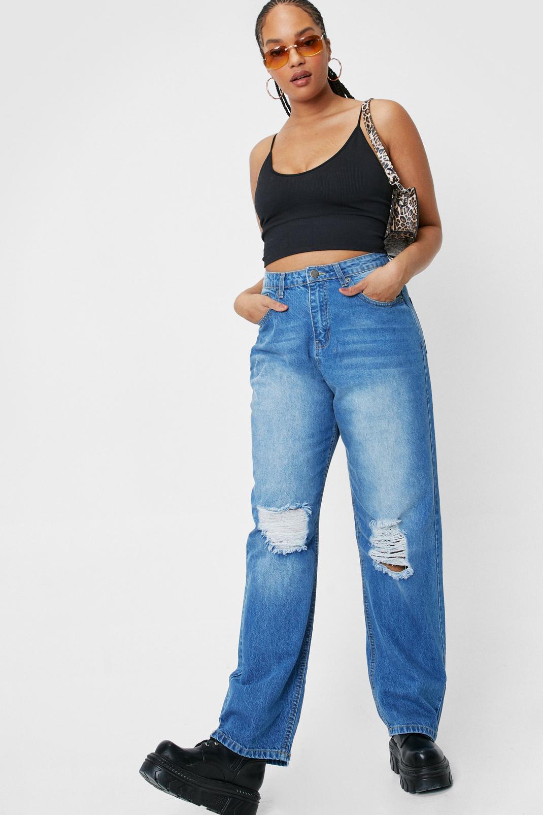 Mid blue Plus Size Wide Leg Distressed Jeans image number 1