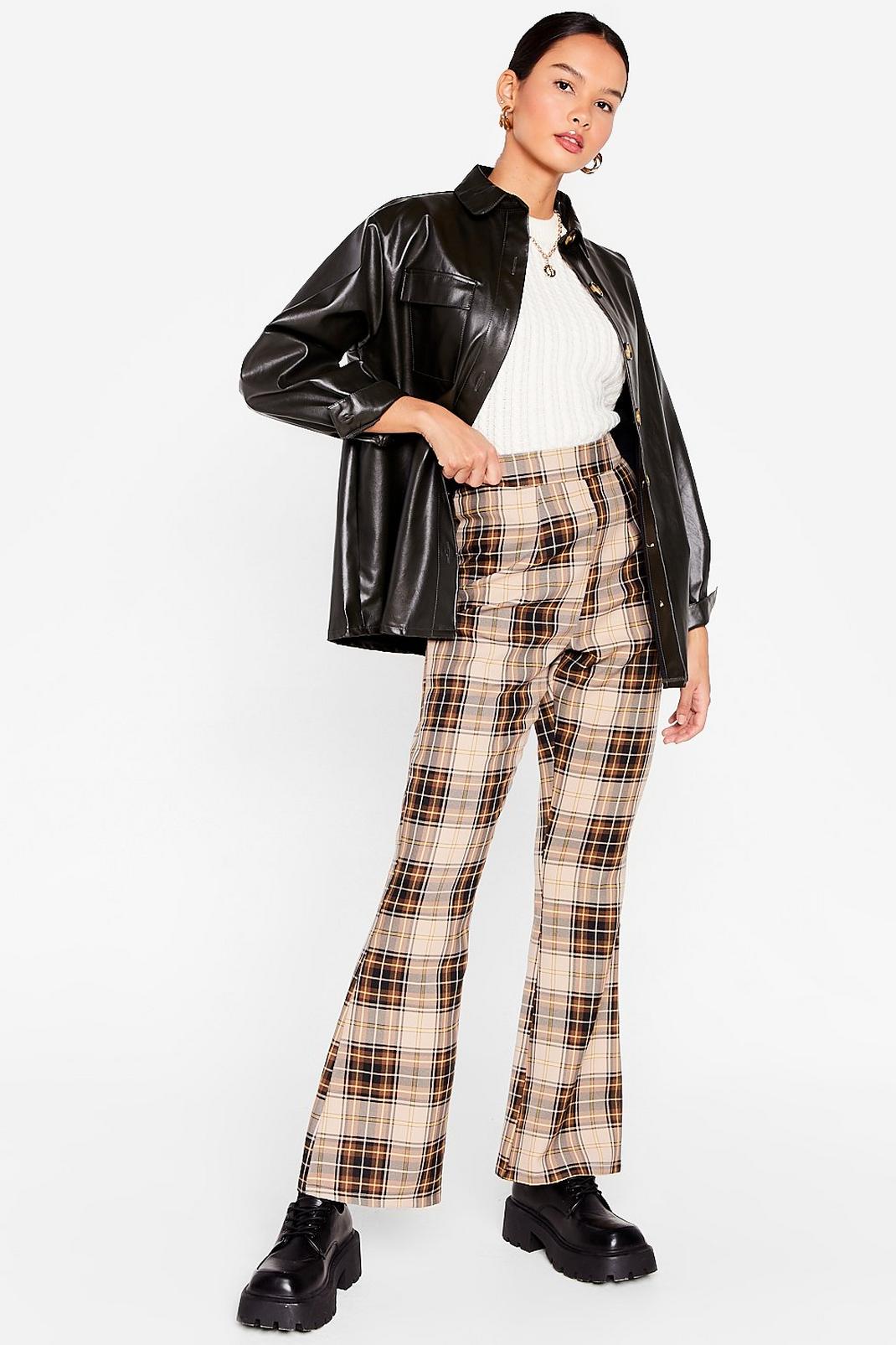 Brown Why Do They Flare High-Waisted Check Pants image number 1