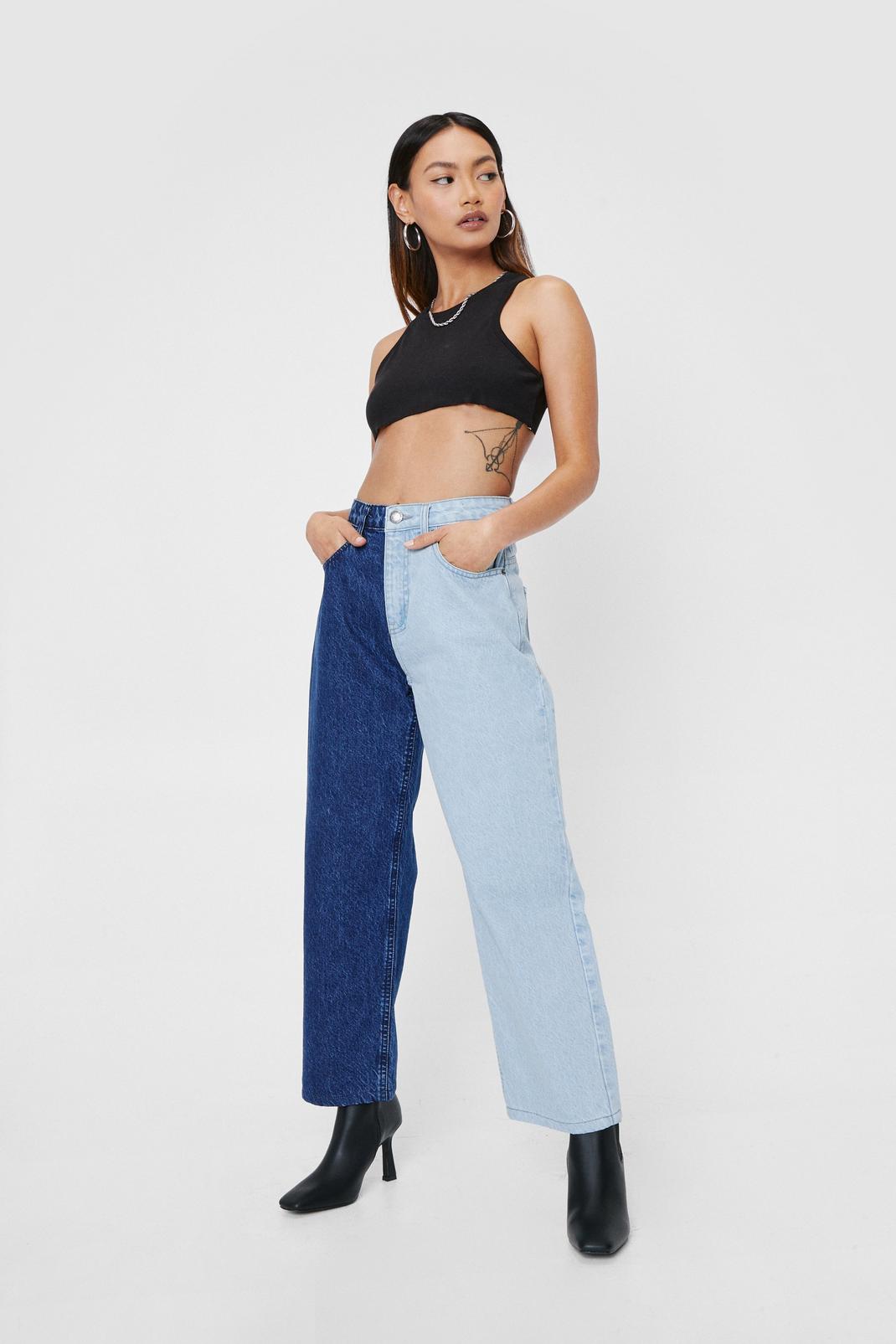 Blue Petite Two Tone High Waisted Straight Leg Jeans image number 1
