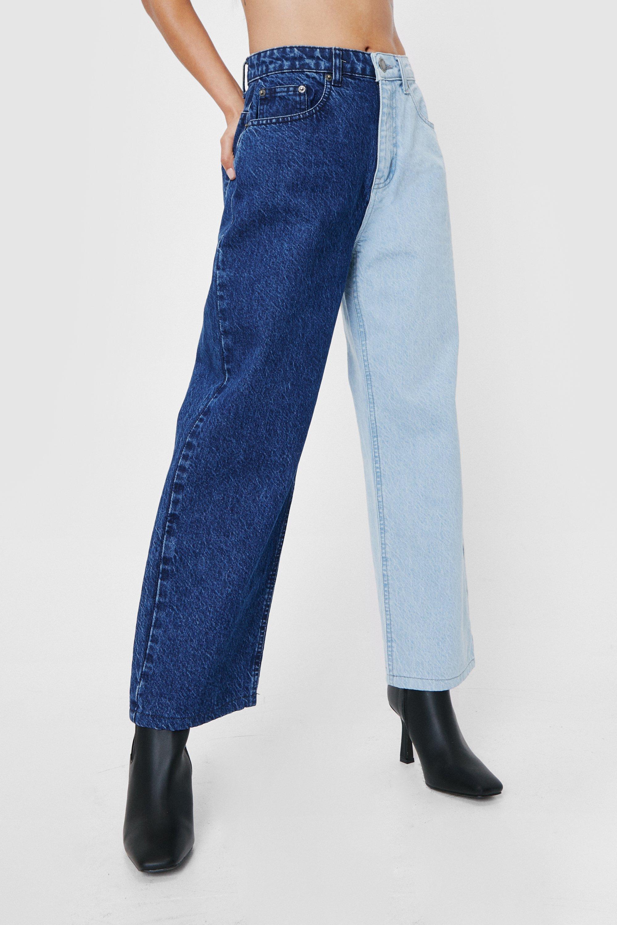 Petite Two Tone High Waisted Straight Leg Jeans