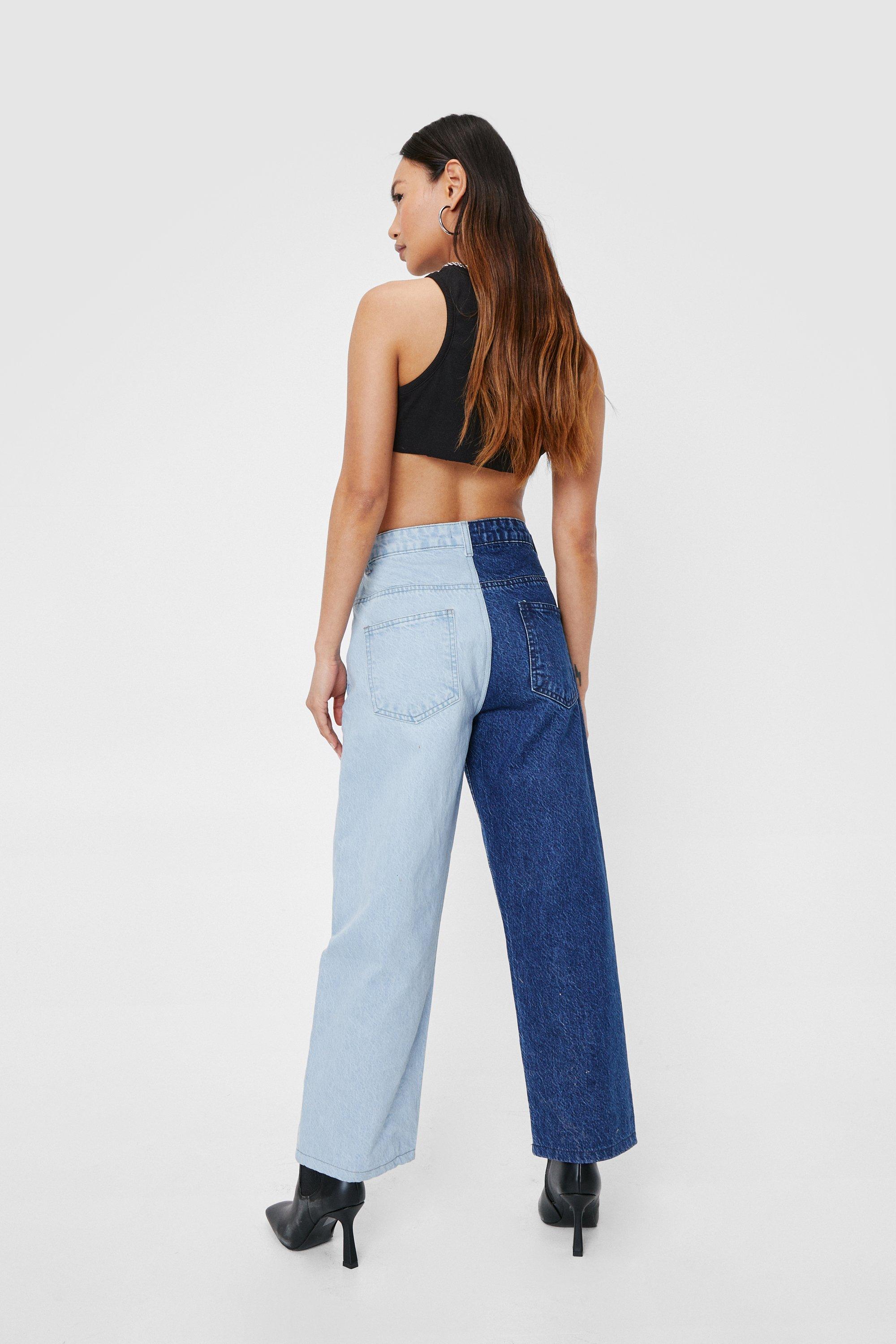 Petite Two Tone High Waisted Straight Leg Jeans