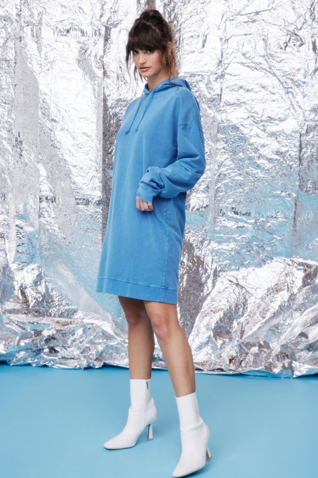 Denim-blue Acid Wash Drop Sleeve Hoodie Dress image number 1
