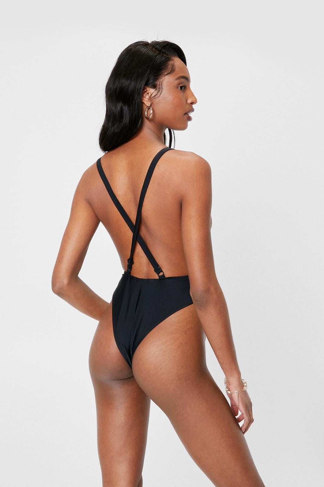 Black Open Back High Leg Strappy Swimsuit image number 1