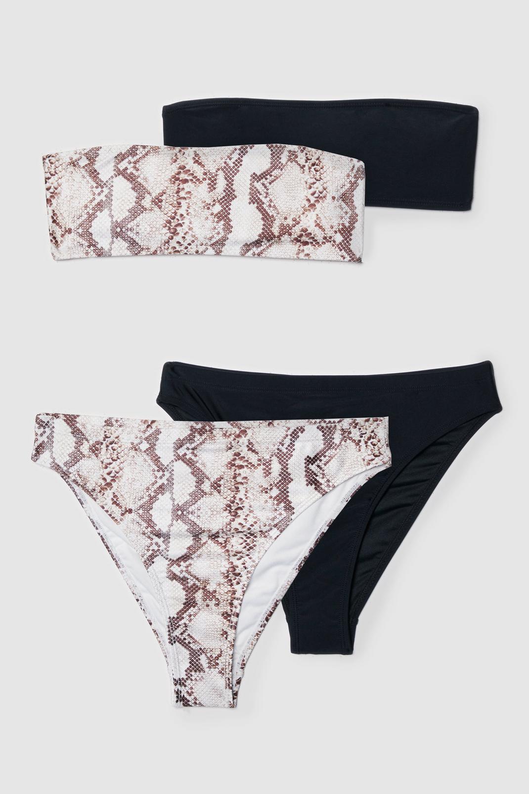 Lot de 2 bikinis bandeau et culotte échancrée uni + imprimé serpent, Multi image number 1