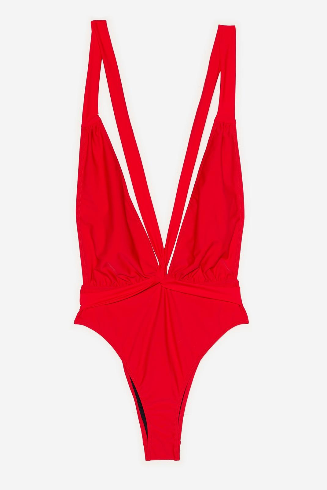 Red Plunging V Neck Crossover High Leg Swimsuit image number 1