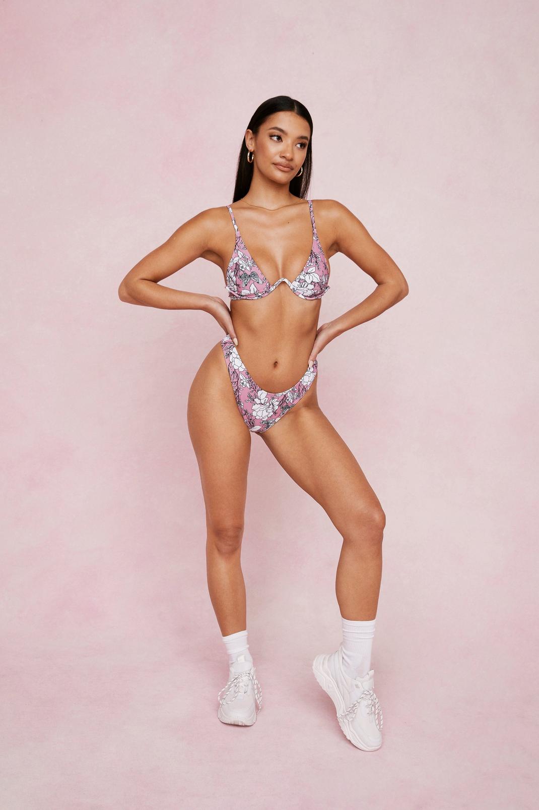 Bikini haut bustier à armature & string taille haute à imprimé fleuri, Mauve image number 1
