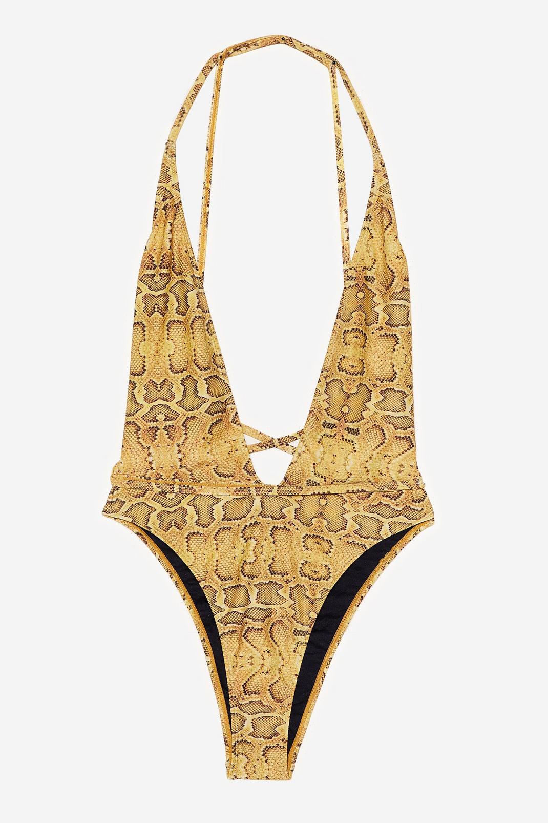 Yellow Snake Print Plunging Halter Neck Swimsuit image number 1