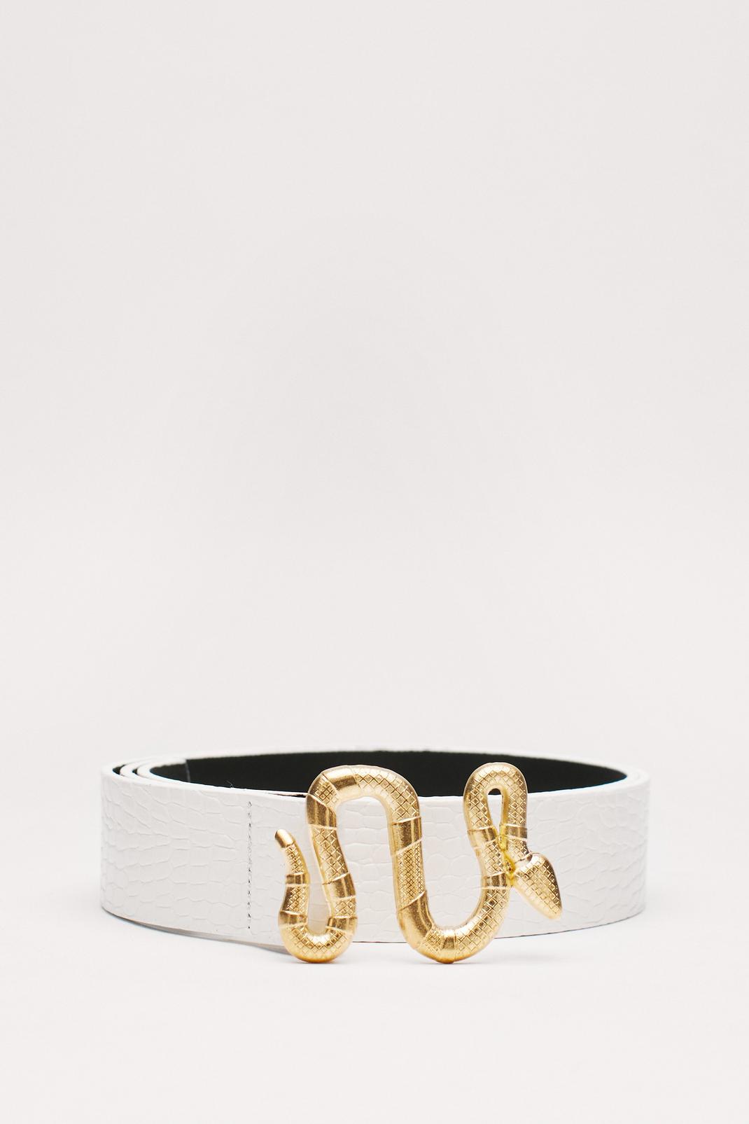 White Faux Leather Snake Buckle Belt image number 1
