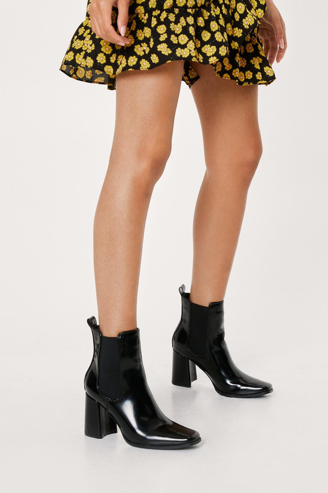 new look patent block heeled boot in black
