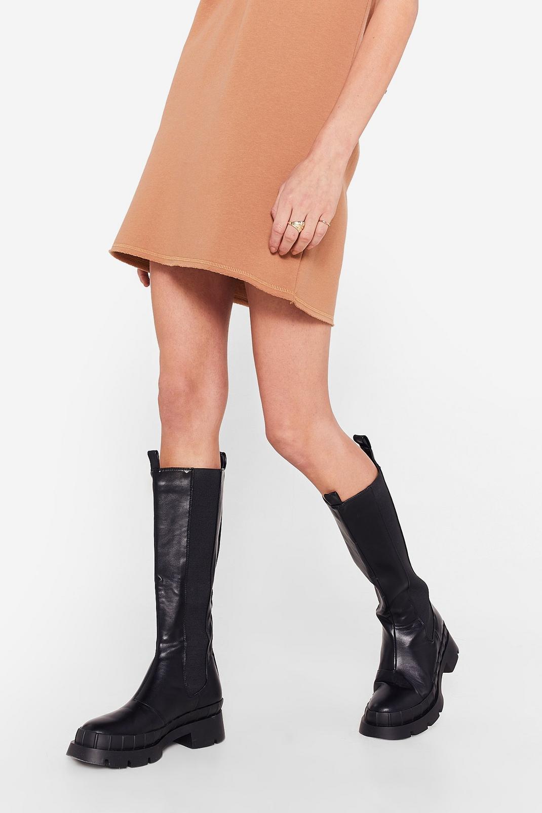 Faux Leather Knee High Chelsea Wellie Boots