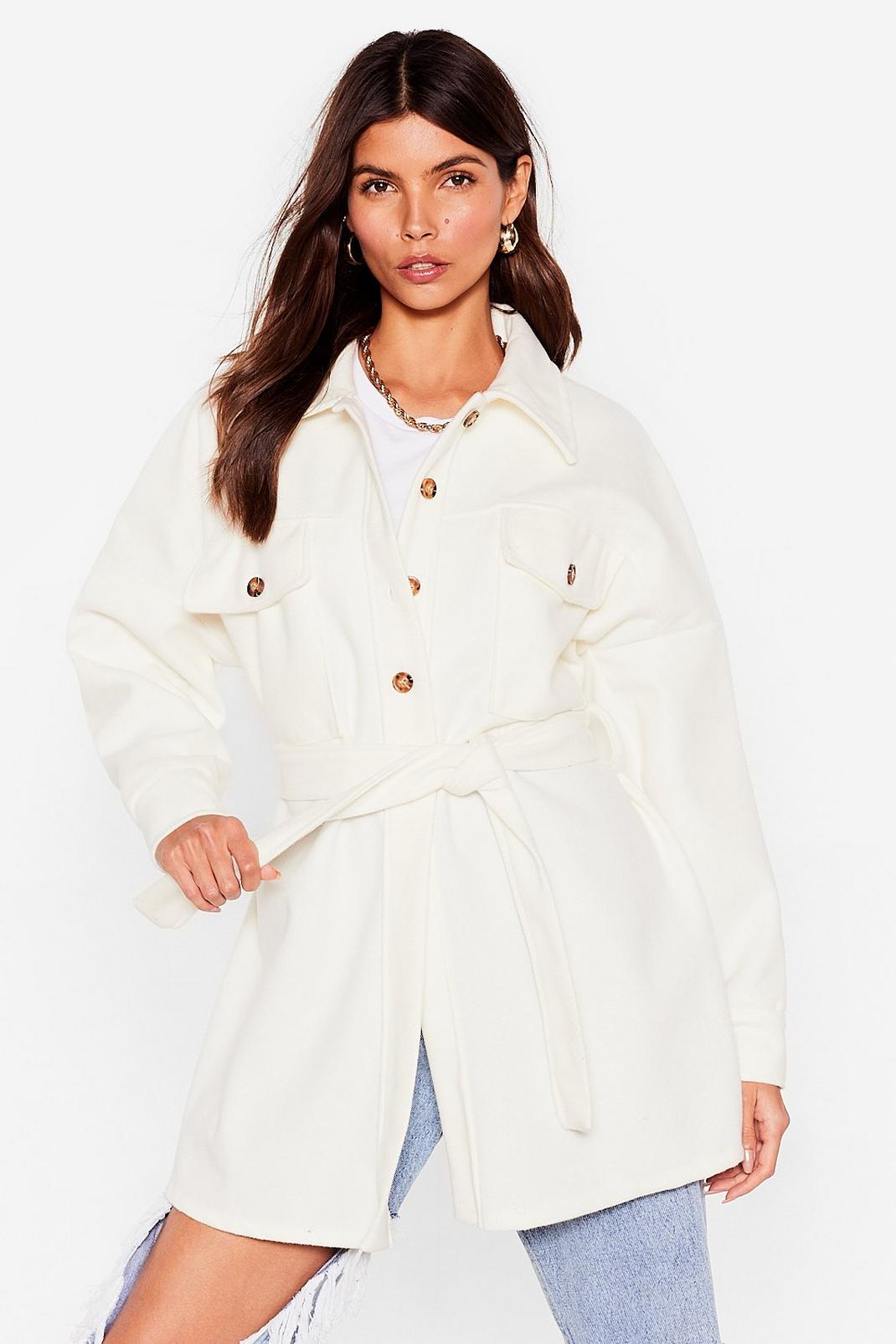 White Faux Wool Belted Longline Jacket image number 1