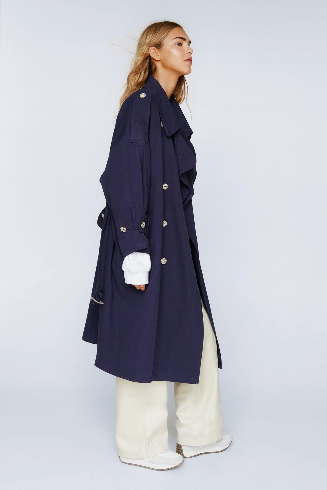 Navy Belted Oversized Double Breasted Trench Coat image number 1