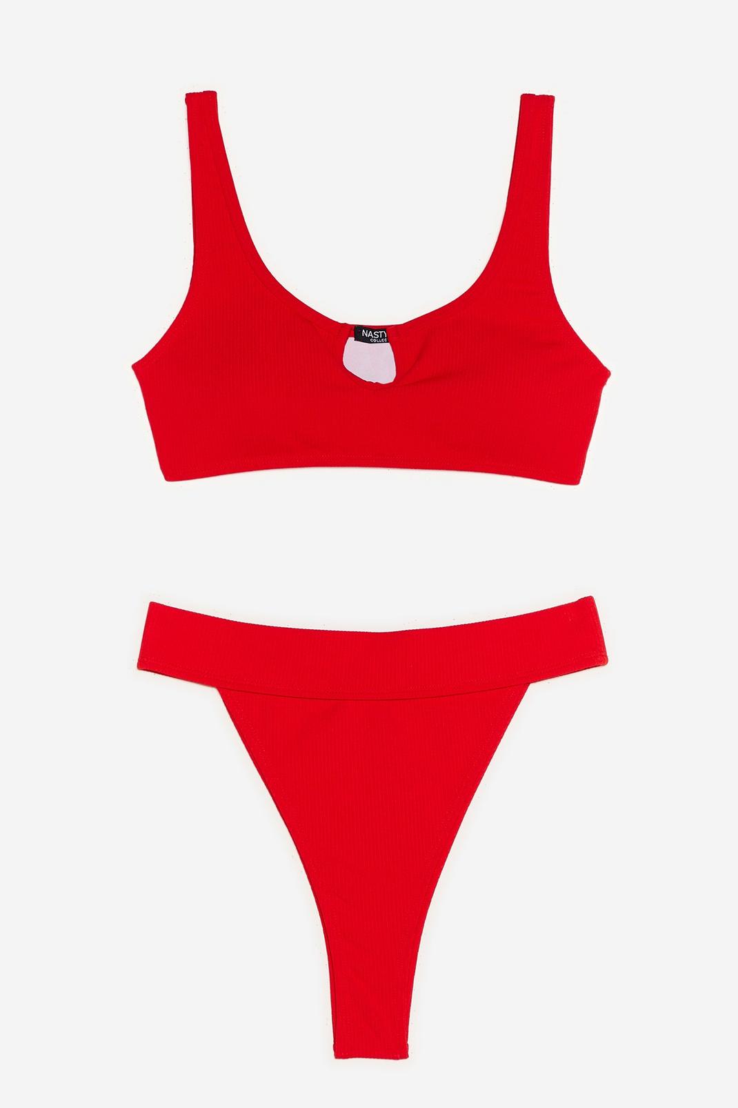 Red Notch Scoop Neck High-Leg Bikini Set image number 1