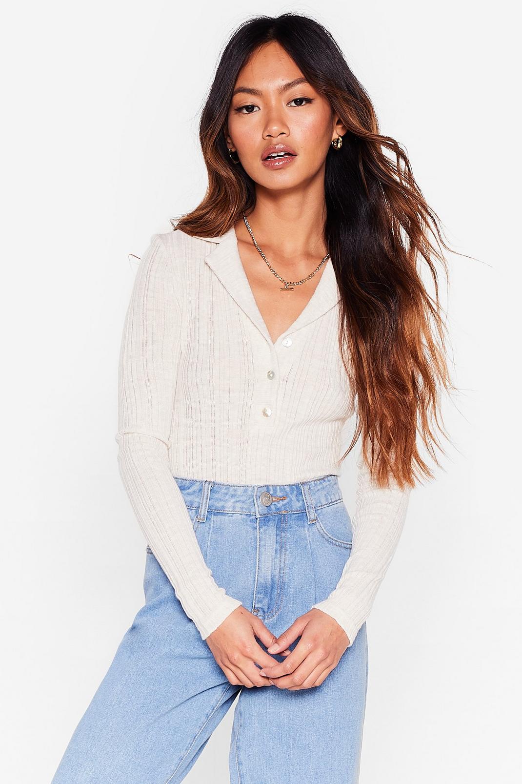 Ivory Let's Kick Knit Ribbed Button-Down Bodysuit image number 1