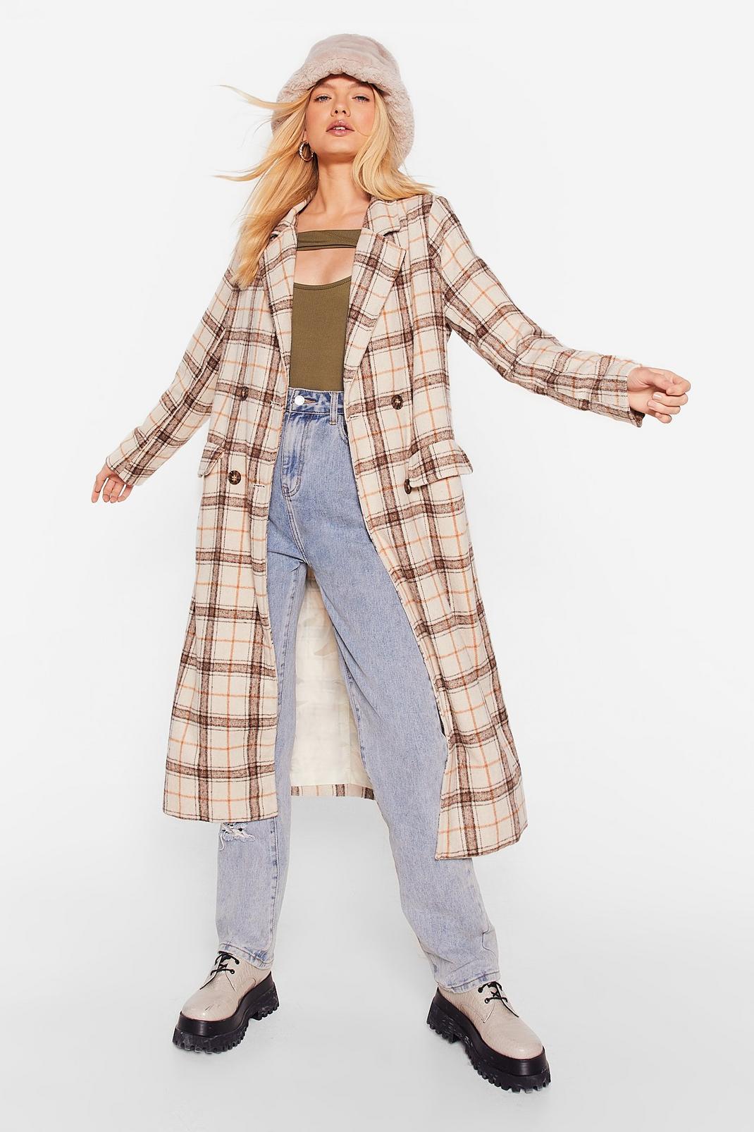 Stone Check Longline Faux Wool Coat image number 1