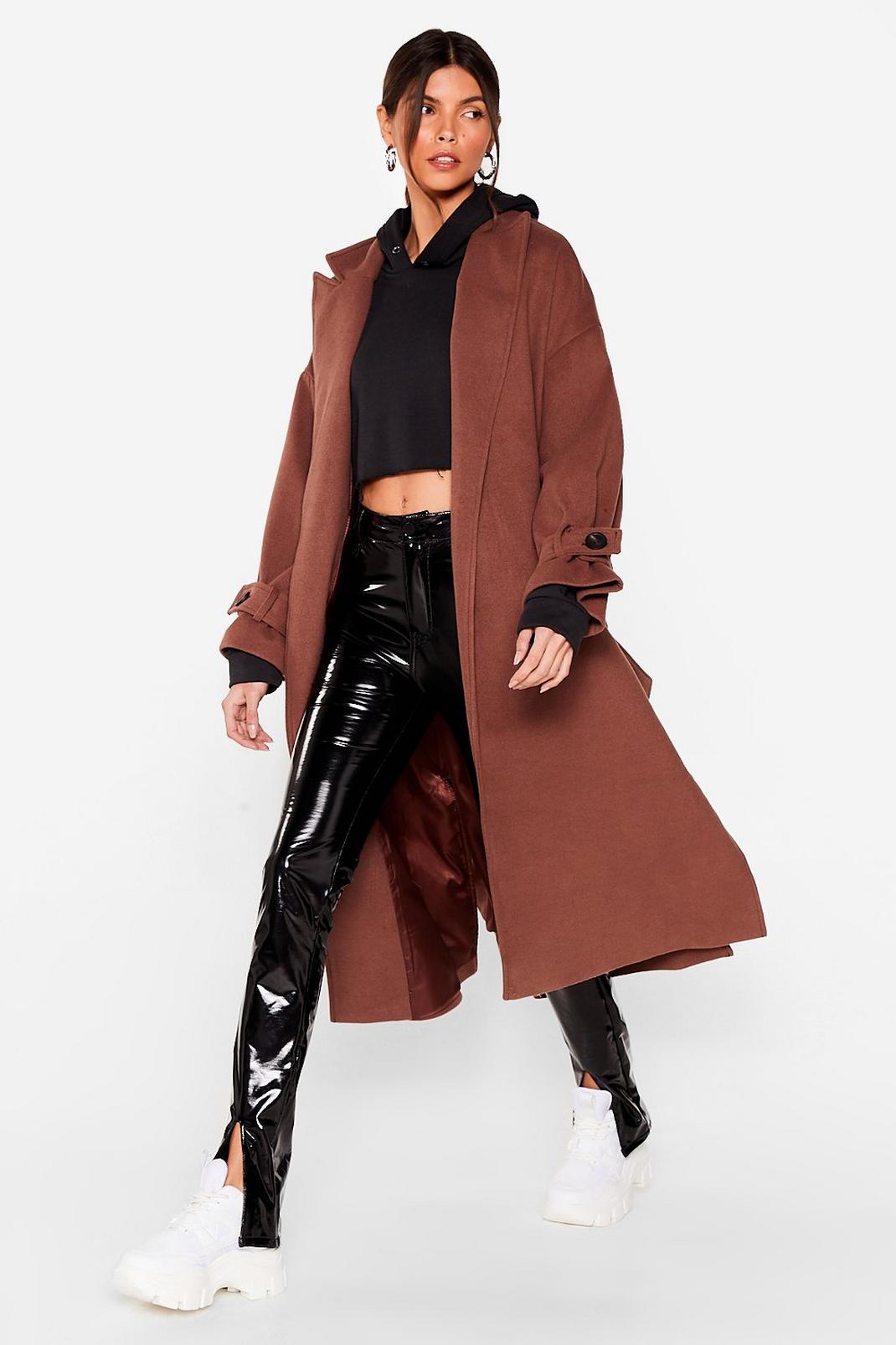 Chocolate Faux Wool Belted Longline Oversized Coat image number 1