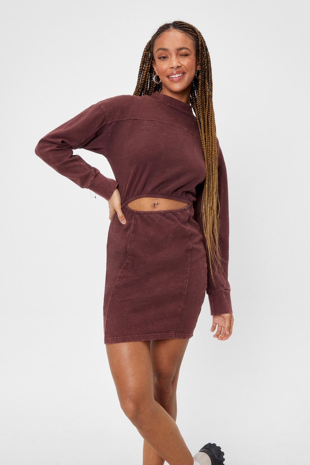 Chocolate Cut Out Fitted Sweatshirt Dress image number 1
