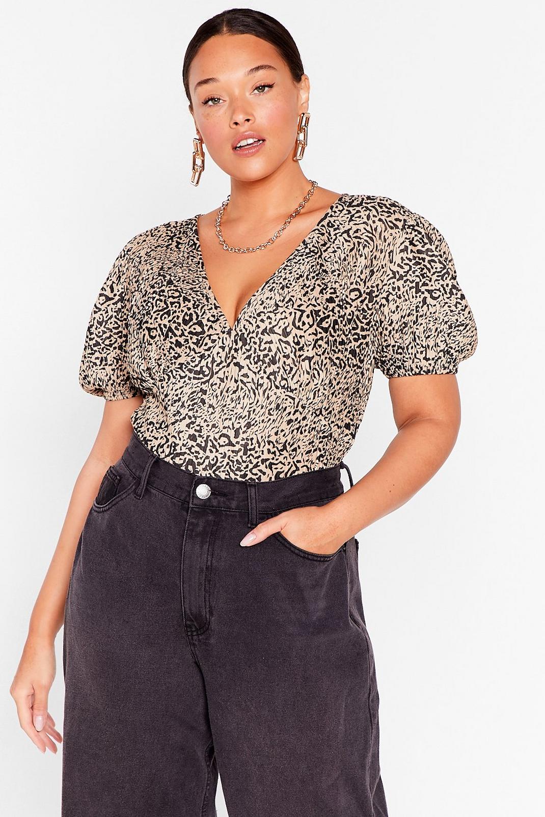 Brown Plus Size Leopard Puff Sleeve Bodysuit image number 1