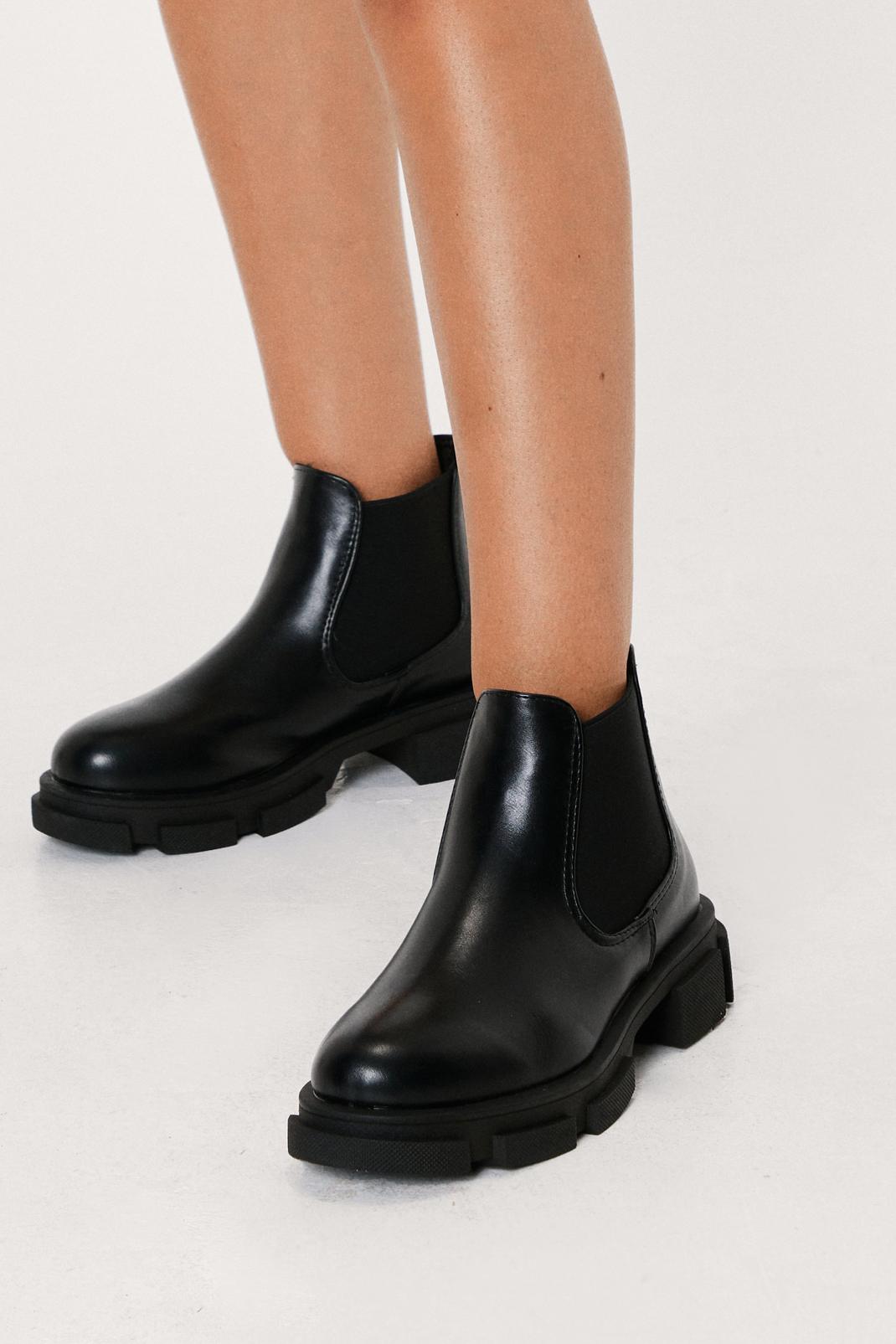 Black Faux Leather Cleated Chelsea Ankle Boots image number 1