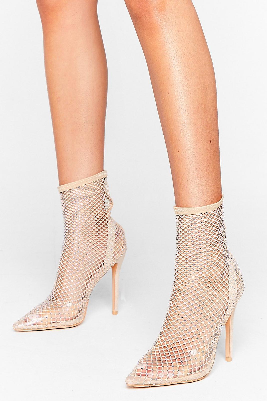 Nude Diamante Heeled Ankle Sock Boots image number 1