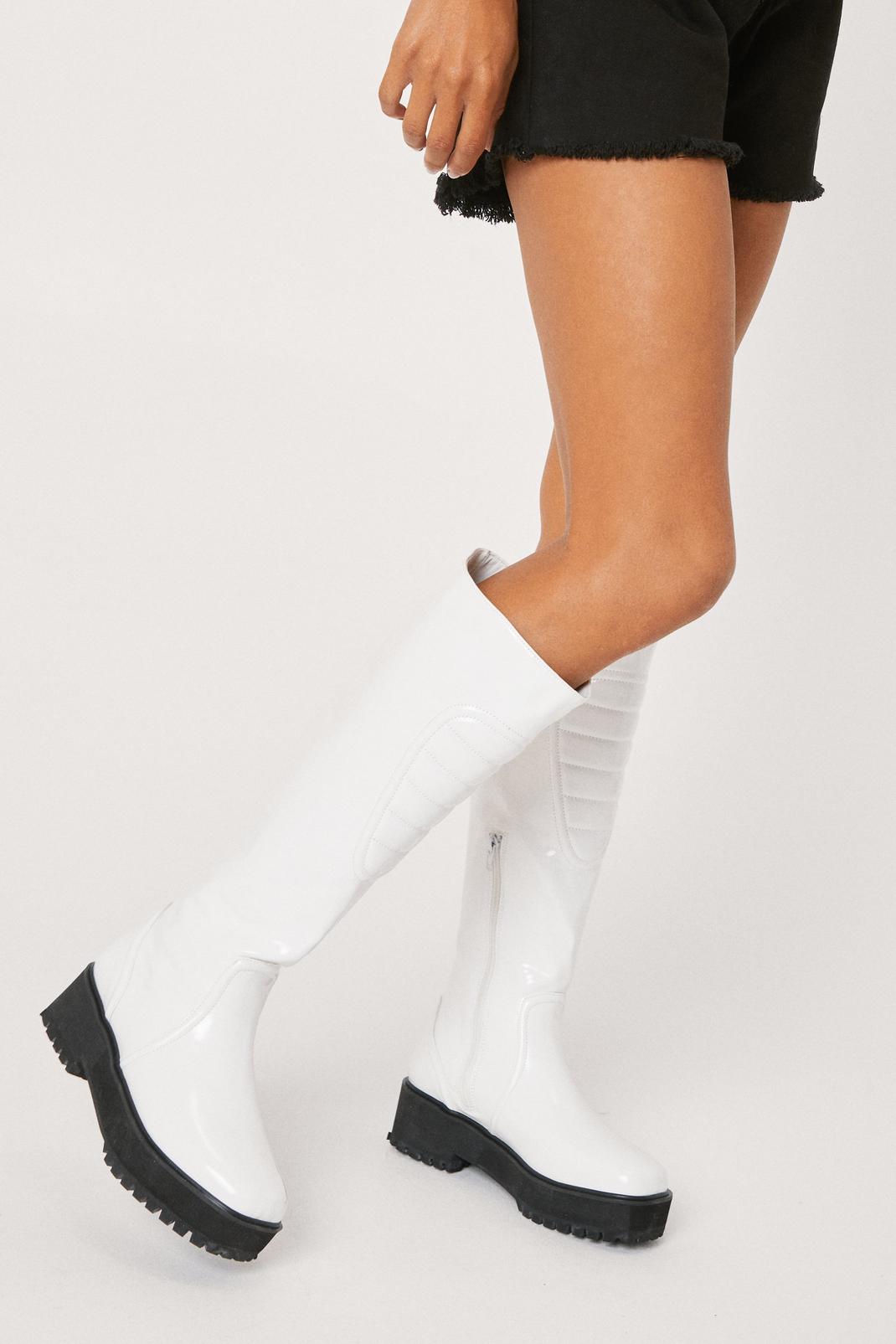Optic white Faux Leather Padded Knee High Boots image number 1