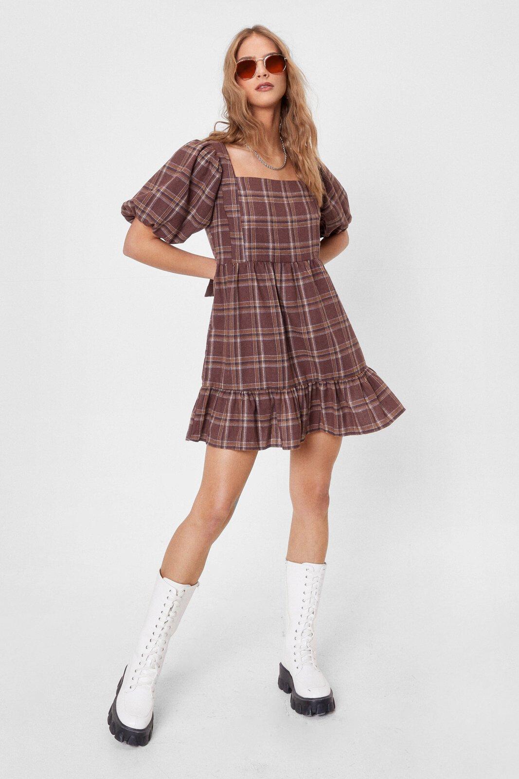 Plaid Puff Sleeve Mini Smock Dress | Nasty Gal