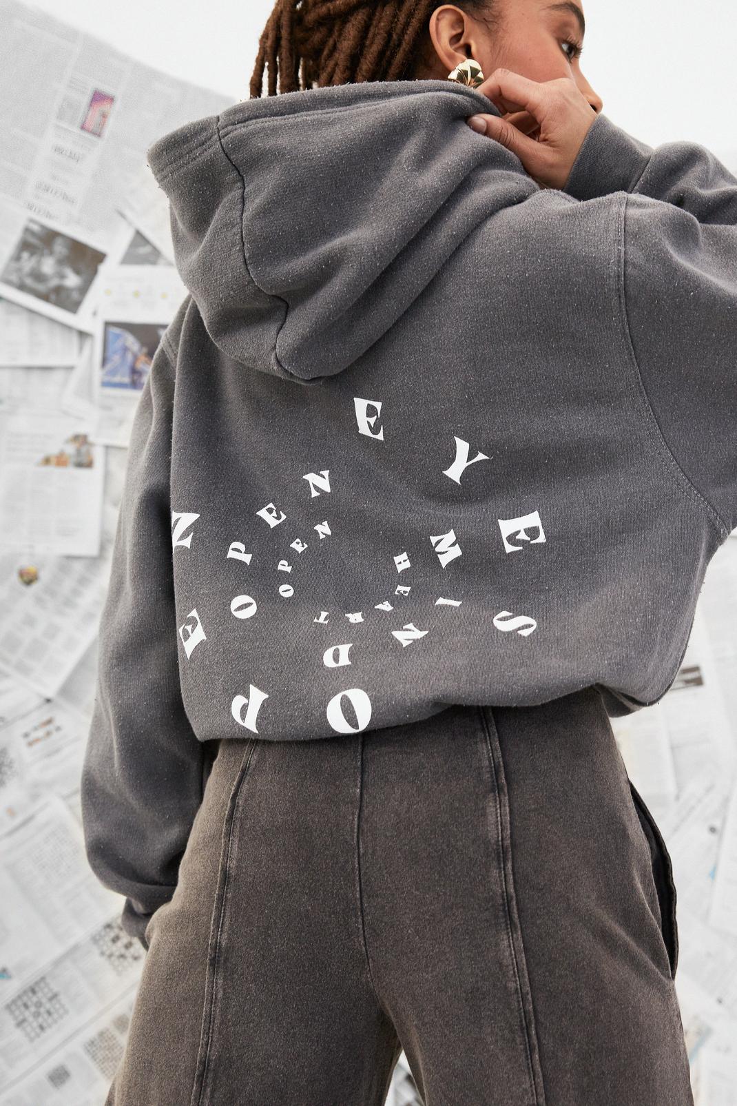 Charcoal Keep an Open Mind Oversized Graphic Back Hoodie image number 1