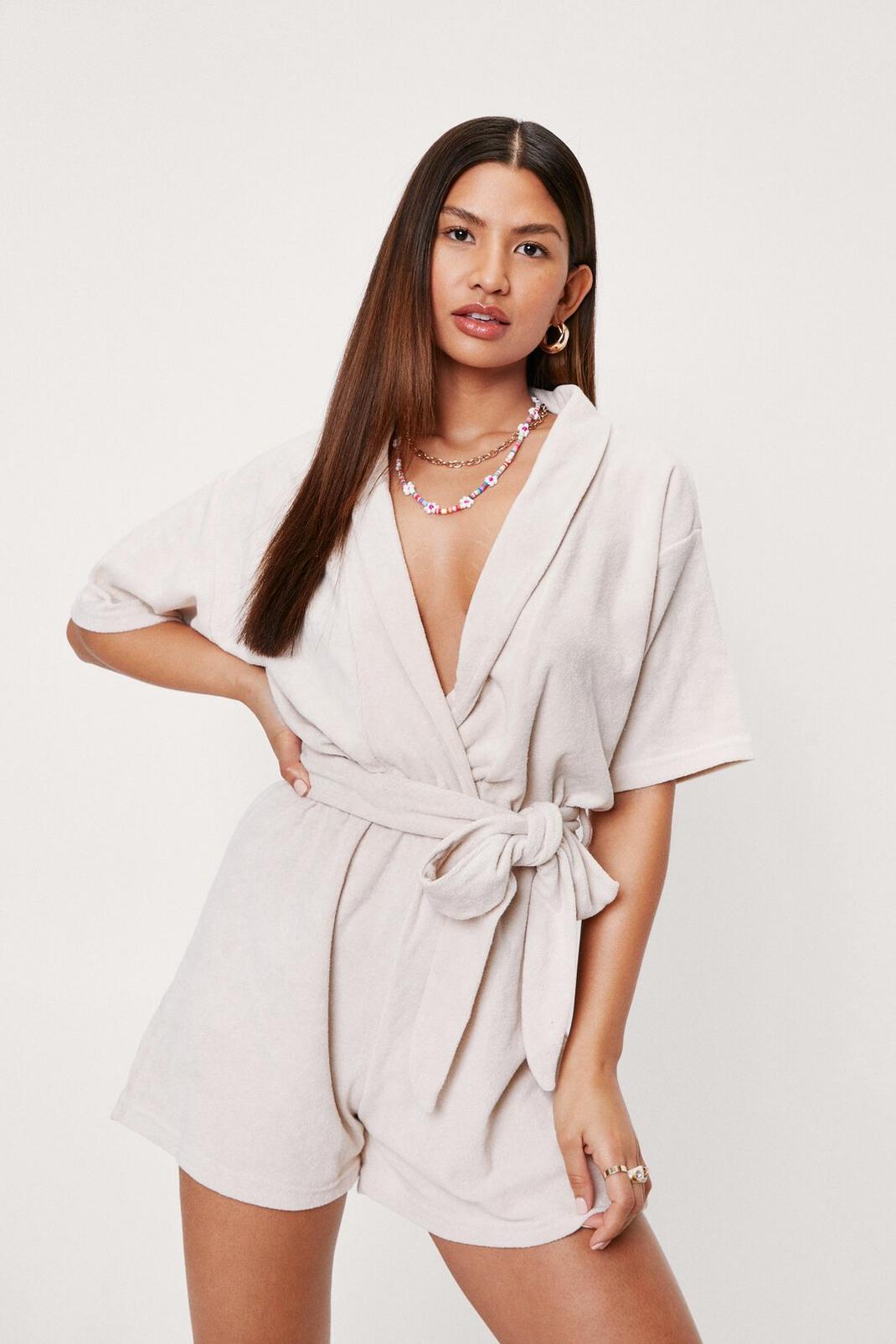 Stone Towelling Wrap Belted Beach Cover Up Playsuit image number 1