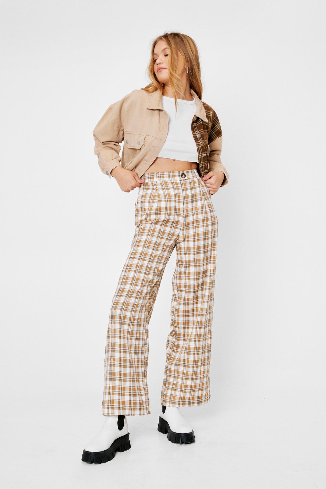 Choc brown Check Print High Waisted Wide Leg Trousers image number 1