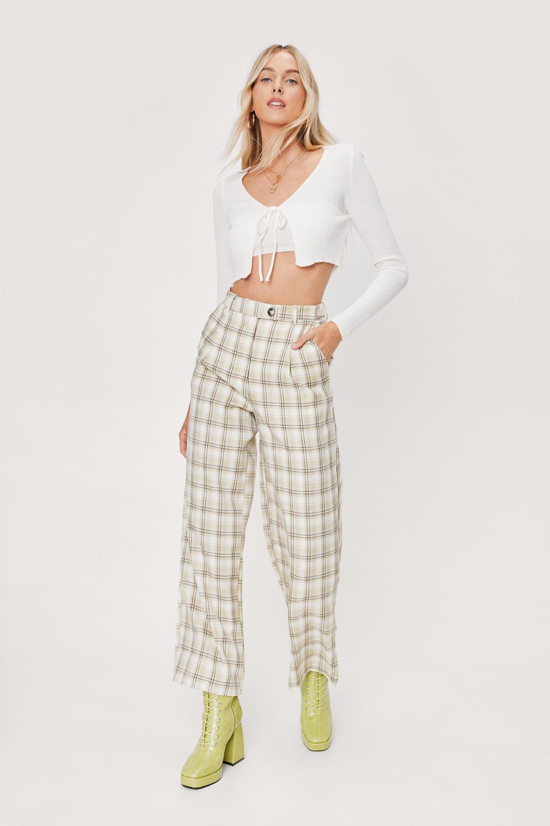 Olive Soft Check High Waisted Tapered Pants image number 1