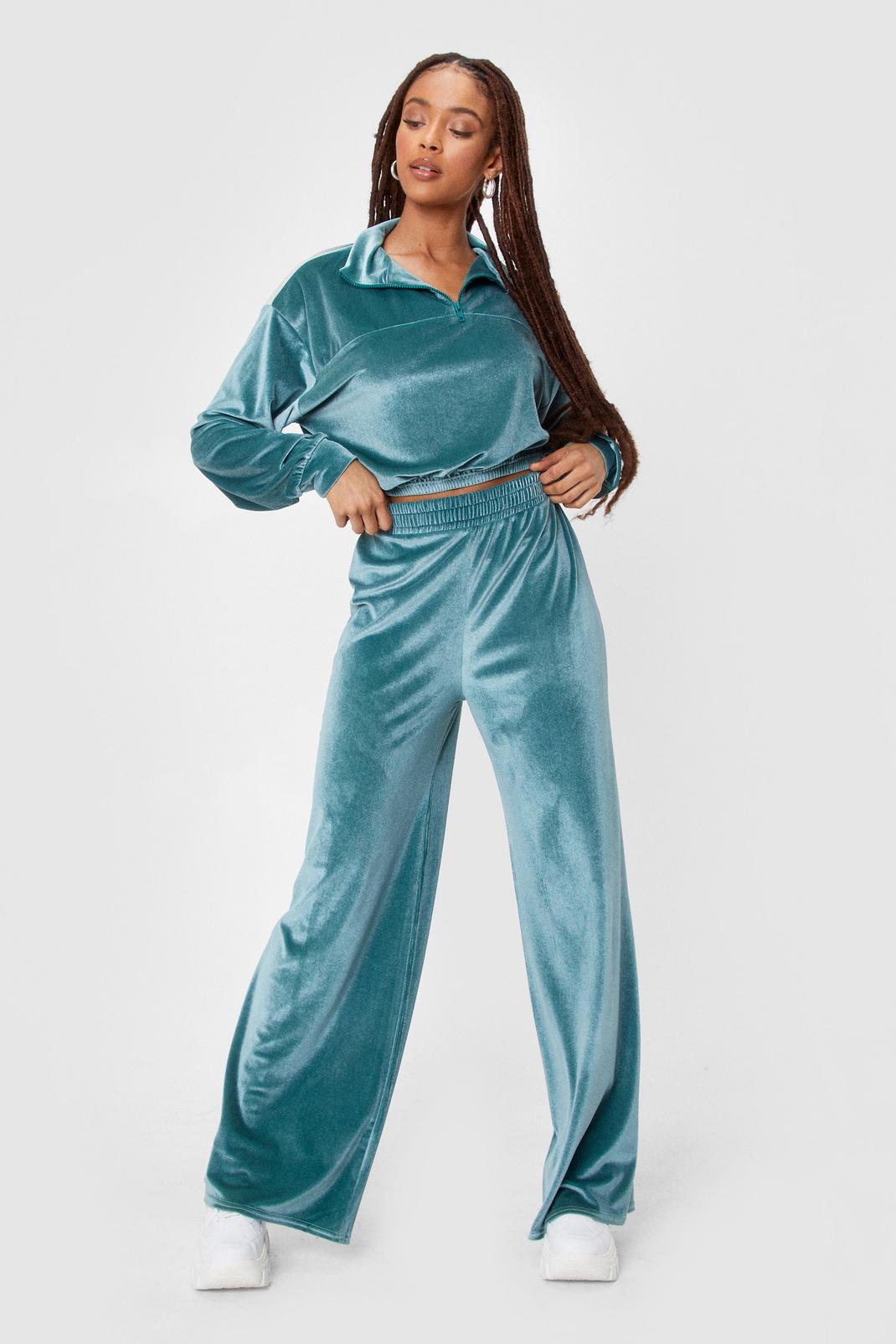 Sage Velour Quarter Zip Sweat And Wide Leg Joggers image number 1