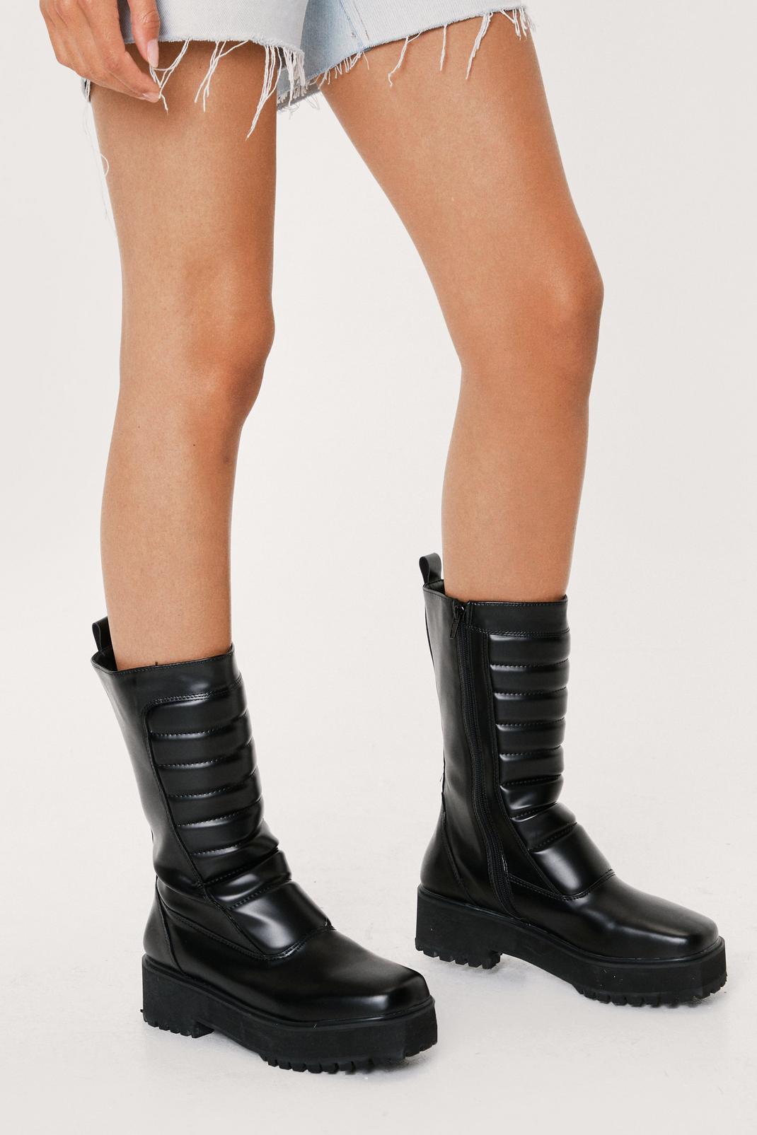 Black Faux Leather Padded Calf High Boots image number 1