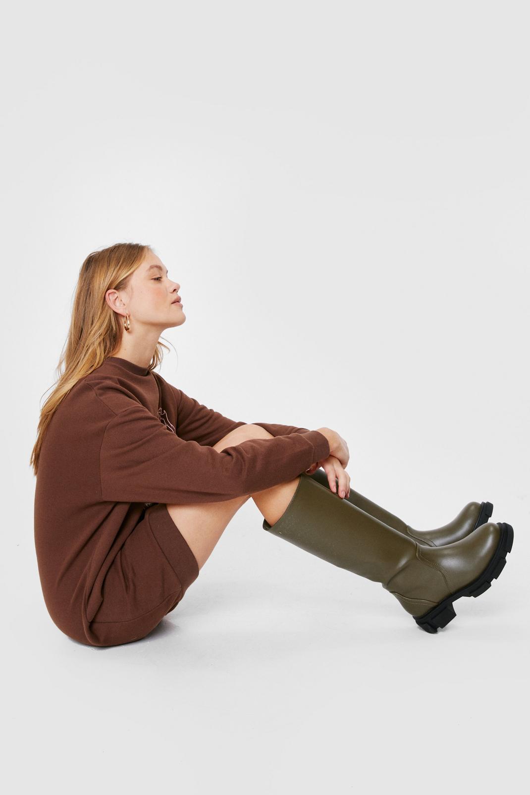 Khaki Faux Leather Knee High Wellie Boots image number 1