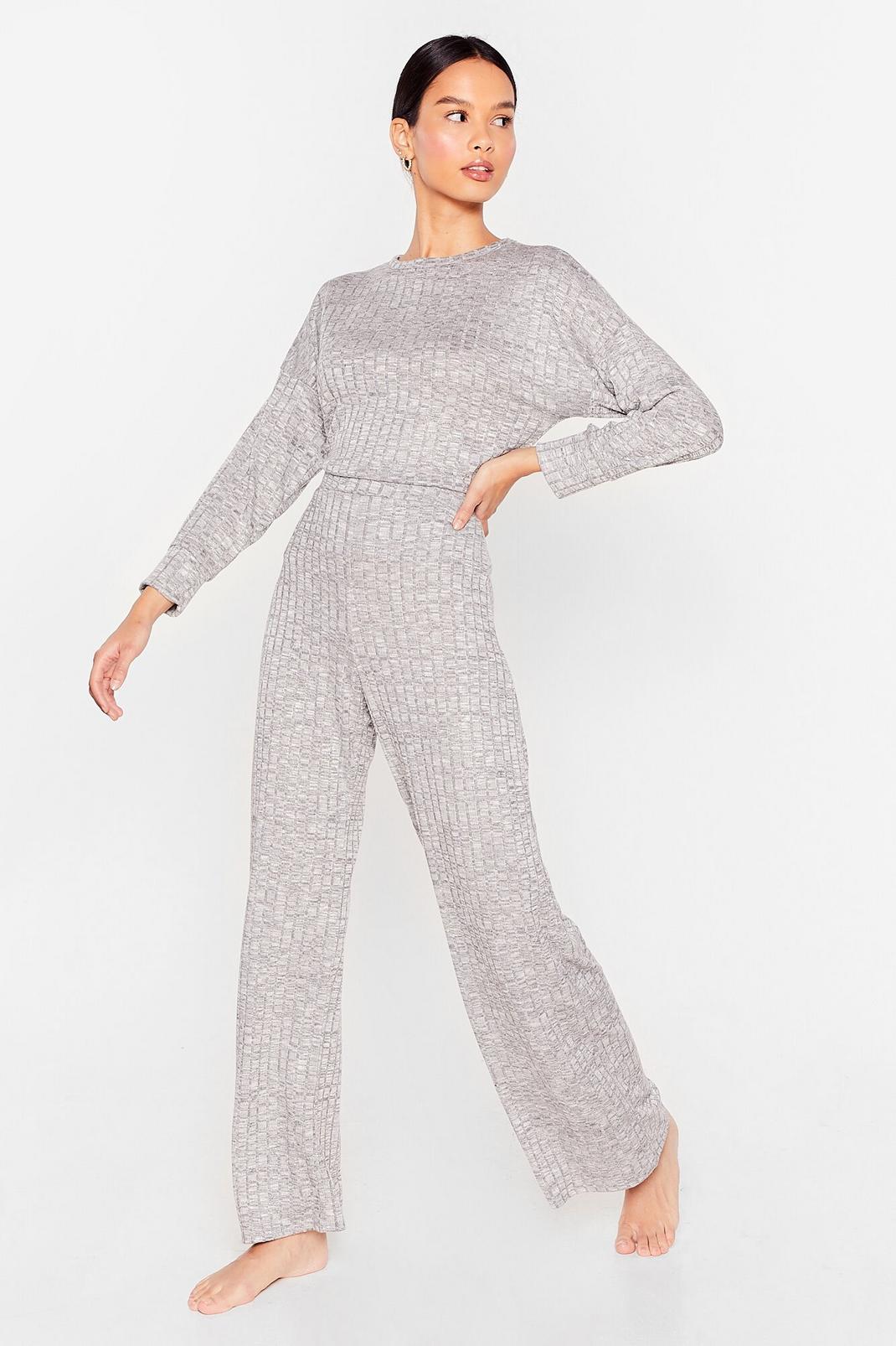 Grey marl Rib's Been a While Top and Wide-Leg Pants Set image number 1