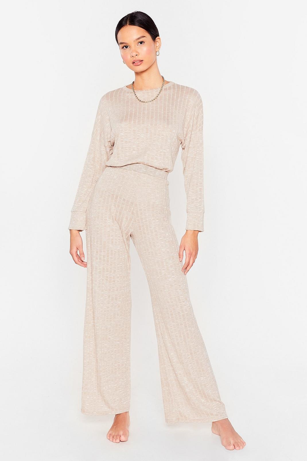 Stone Ribbed Oversized Top And Wide Leg Pants Set image number 1