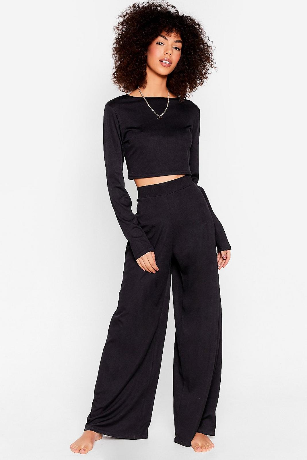Black We're On Crop of It Wide-Leg Trousers Lounge Set image number 1