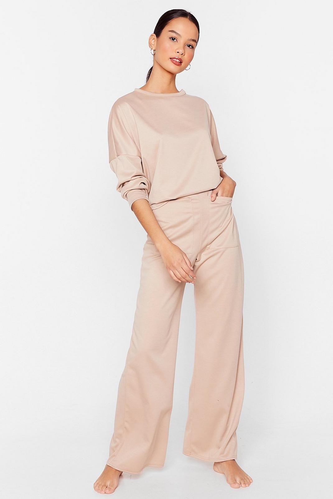 Stone Comfy Crew Neck Top And Wide-Leg Pants Set image number 1