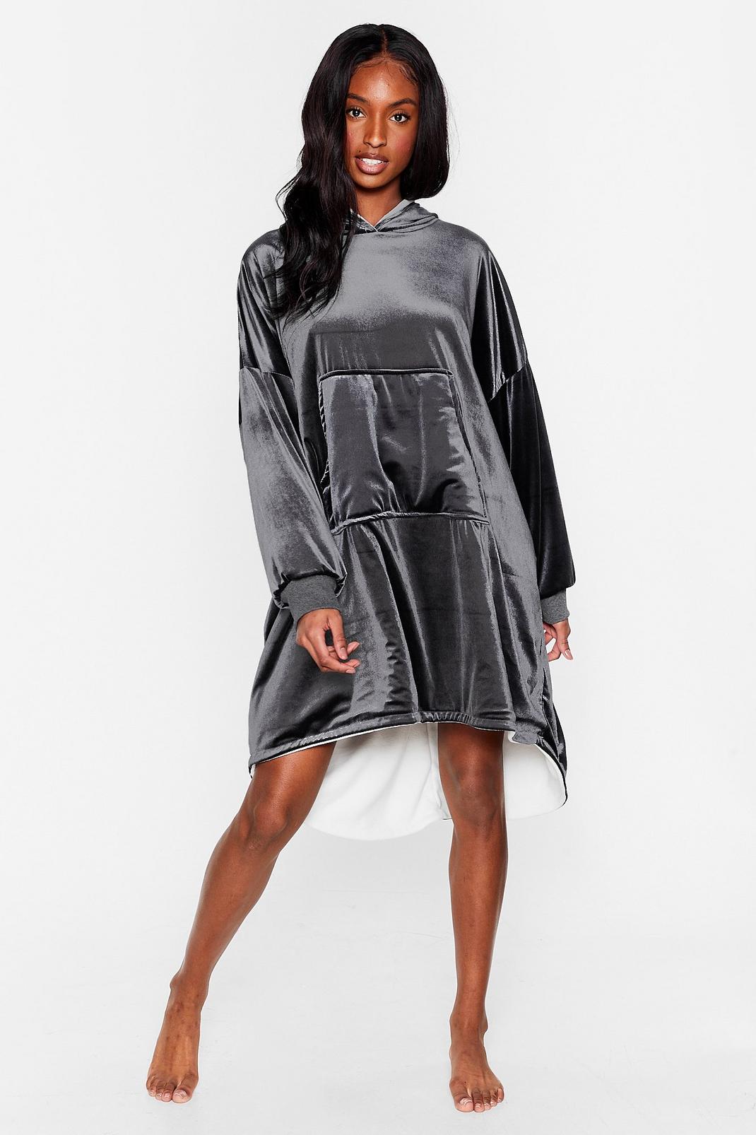 Grey Faux Fur Lined Velour Hoodie Dress image number 1