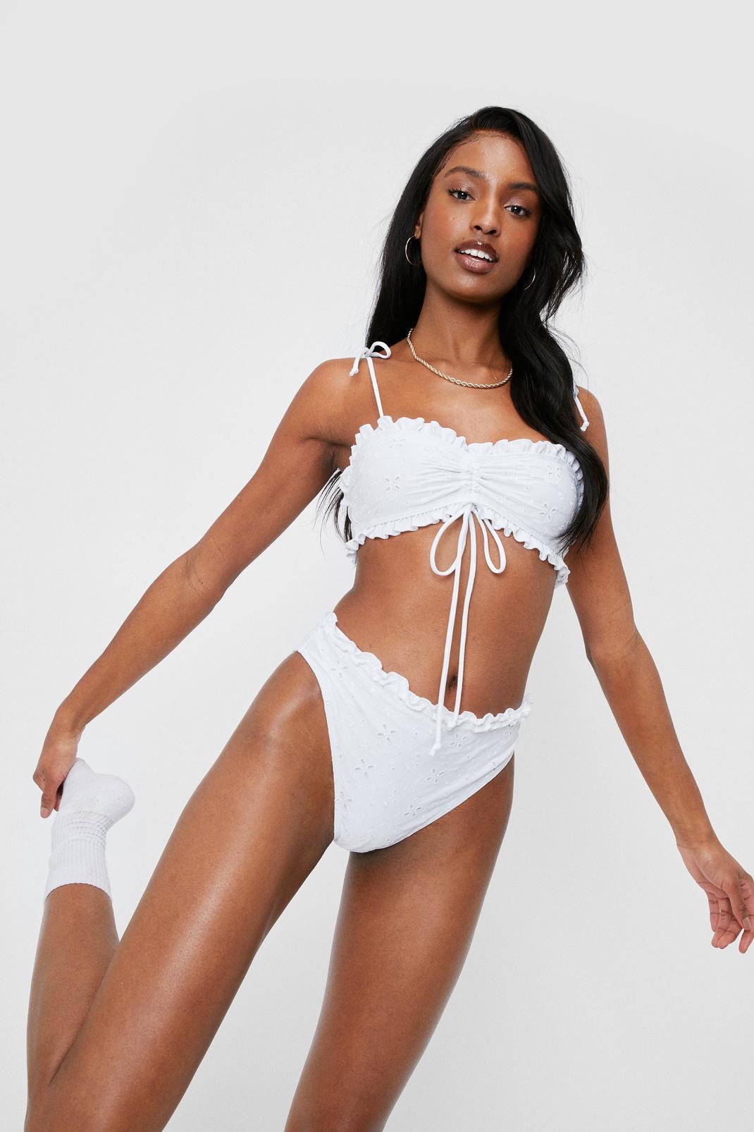 White Broderie Ruched High Waisted Bikini Set image number 1