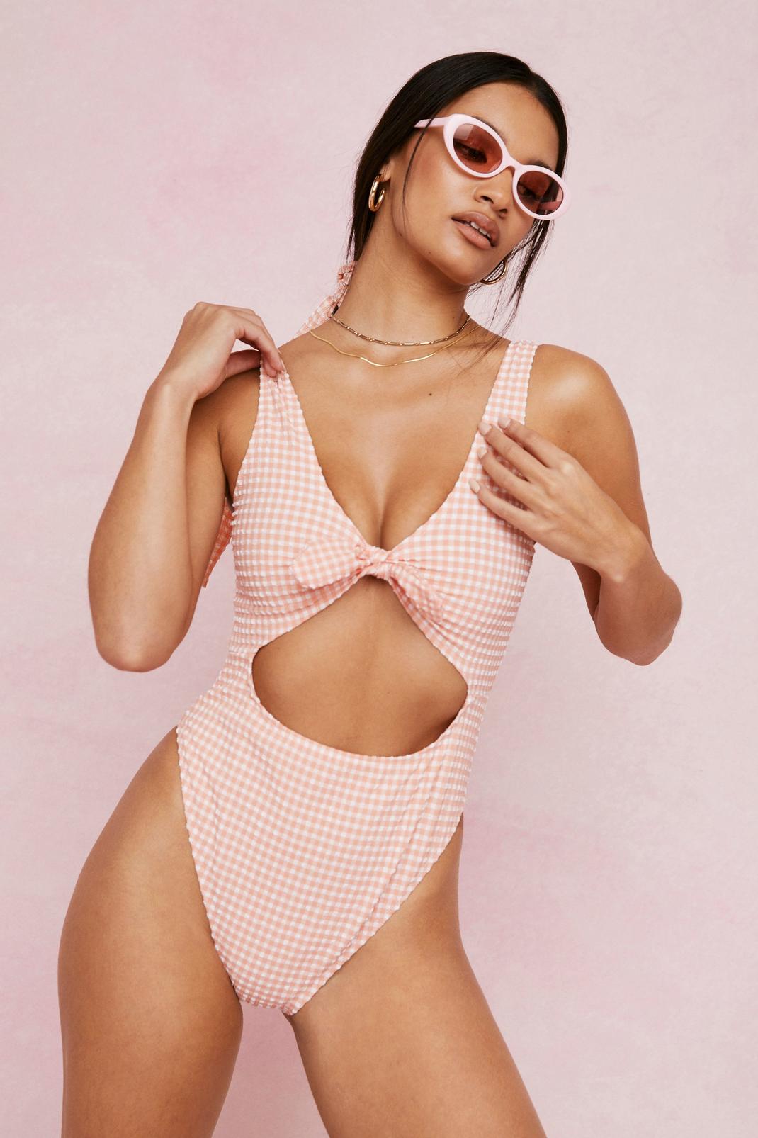 Apricot Gingham Print Cut Out Swimsuit and Hair Tie Set image number 1