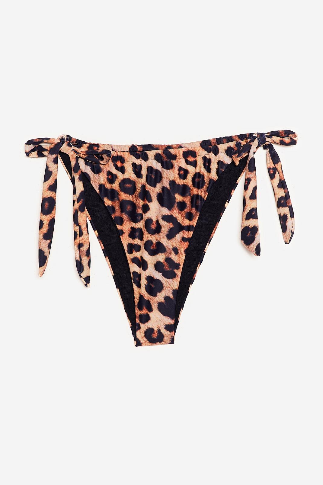 Bas de bikini échancré à attaches et imprimé léopard, Brown image number 1