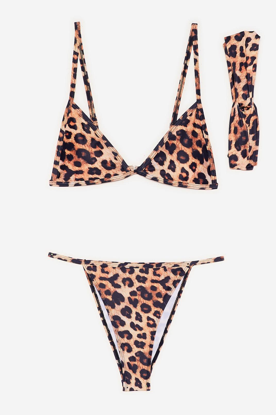 Ensemble bikini 3 pièces haut triangle bas échancré & bandeau à imprimé léopard, Brown image number 1