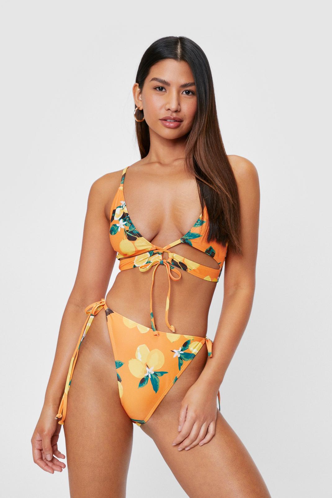 Tangerine Lemon Print Strappy Tie High Leg Bikini Set image number 1