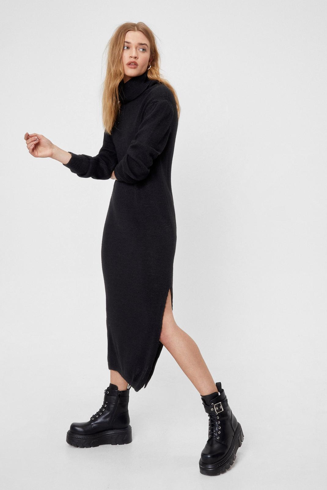 Black Chunky Knit Turtleneck Slit Midi Dress image number 1