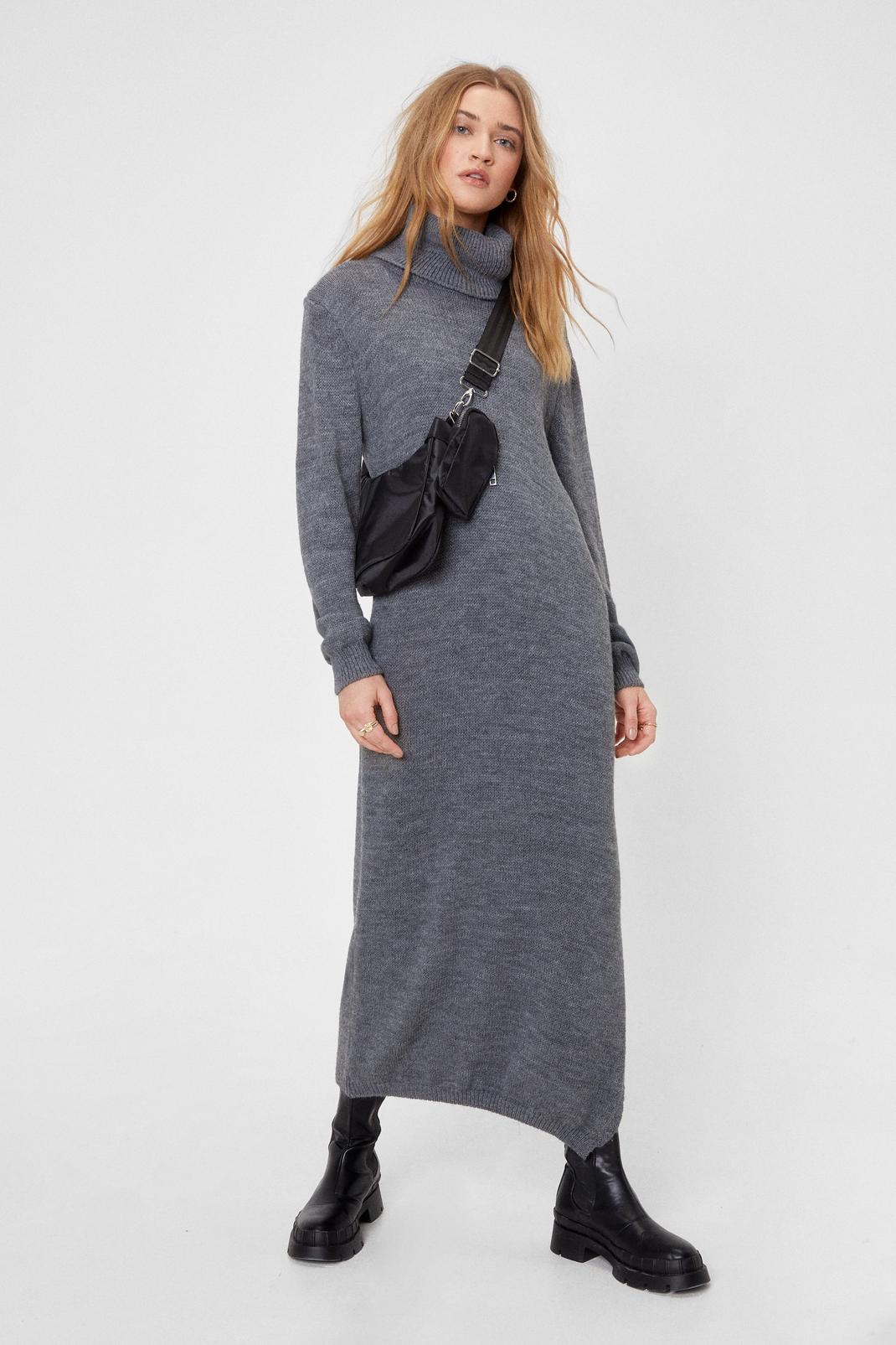 Grey Chunky Knit Turtleneck Slit Midi Dress image number 1